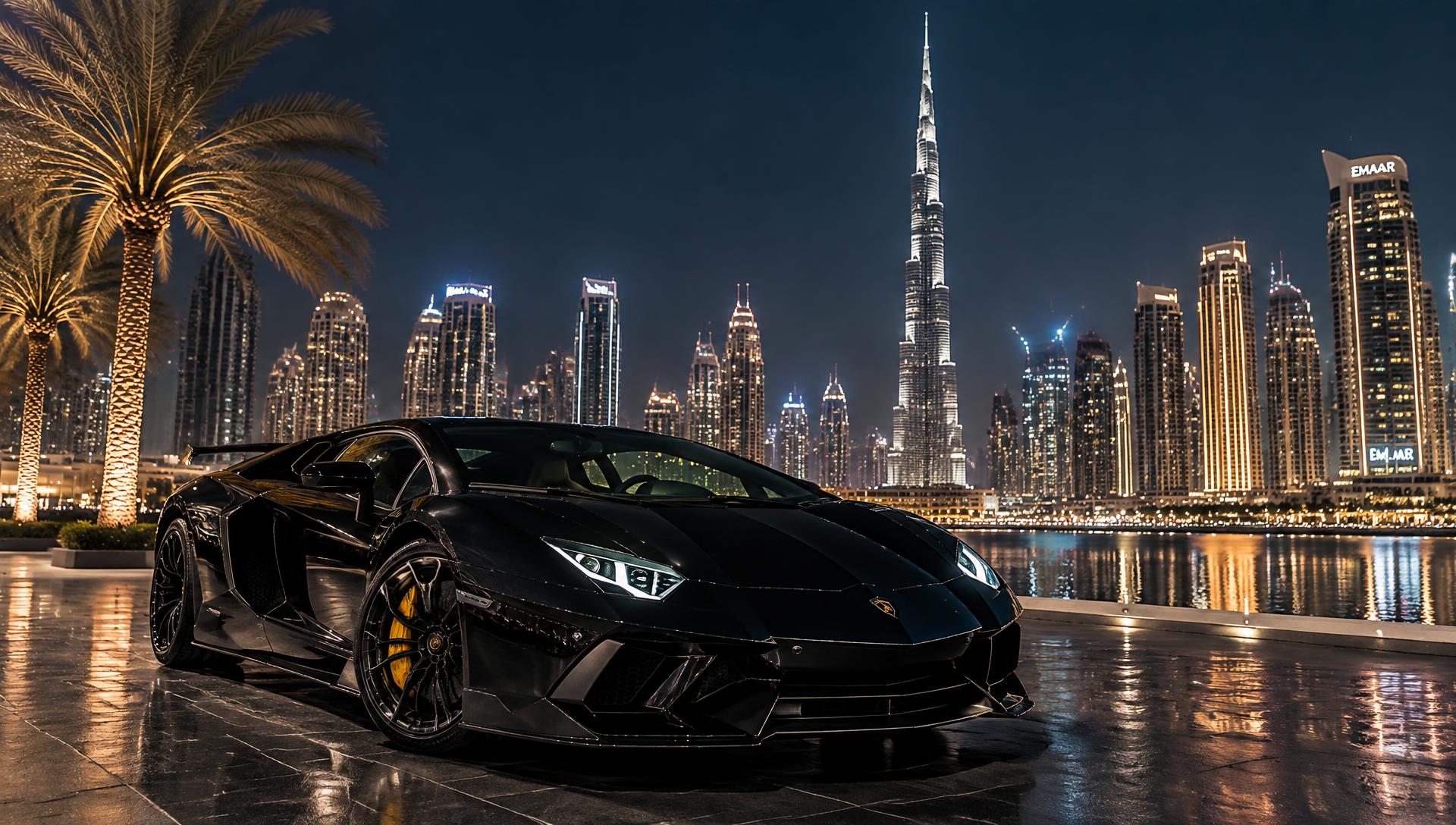 Voiture de sport devant la skyline de Dubaï la nuit